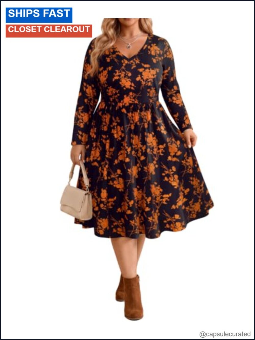 Plus Size A-Line Knee Length Long Sleeve Dresses with Pockets Fall Winter